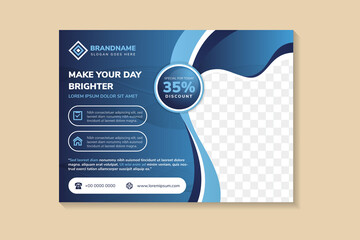 Poster - Horizontal Banner for make your day brighter, creative concept for advertising, template for posting photos and text. blue gradient background with line pattern element. tooth space for photo. 