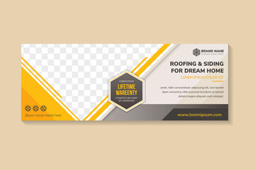 Poster - Horizontal Banner for roofing and siding for dream home, creative concept for advertising, template for posting photos and text. Modern grey gradient background with yellow multicolored element.
