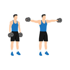 Wall Mural - Man doing Lateral side shoulder dumbbell raises. Power partials exercise. Flat vector illustration isolated on white background