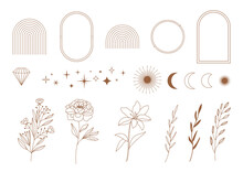 Set Of Minimal Boho Linear Symbols. Celestial Concept. Frame, Arch, Hands, Florals, Sun, Stars And Moon Elements. Vector  Design Collection For Logo Design, Social Media Posts, Stories. Branding.