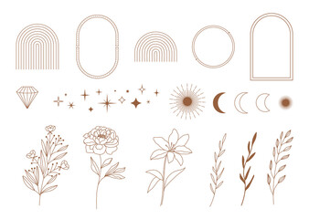 set of minimal boho linear symbols. celestial concept. frame, arch, hands, florals, sun, stars and m