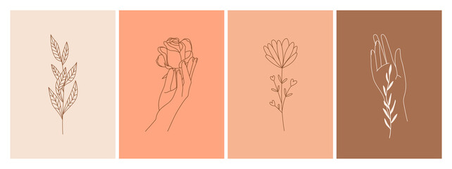 set of boho backgrounds in simple linear style. flower, hands, branch and leaves element. template f