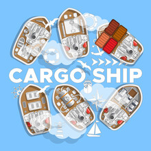 Cargo Ships At Sea. Set Of Elements. On A Blue Background. Vector Illustration.
