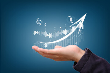 Poster - Growing up of business finance technology and investment trading trader investor, Stock Market Investments Funds and Digital Assets, businessman analyzing forex trading graph financial marketing data