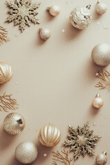 Wall Mural - Elegant Christmas balls and decorations on beige background. Fashion Xmas poster design, vertical banner mockup. Flat lay, top view, copy space.