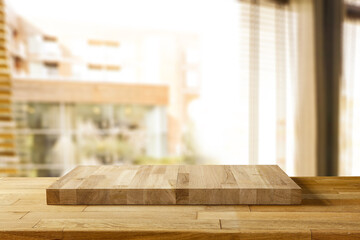 Canvas Print - Wooden pedestal of free space for your decoration and blurred window background 