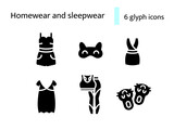 Fototapeta Koty - Comfy homewear and sleepwear glyph icons set. Bathrobe, dress. Black symbols collection. Isolated vector illustration