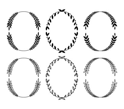 Set of laurel wreaths. Vector hand drawn laurel wreath isolated on white background. Doodle style. Silhouette and outline floral frames.