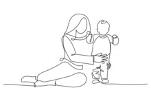 Happy Mom With Her Little Son In Continuous Line Art Drawing Style. Mother Assisting Her Toddler Child. Minimalist Black Linear Sketch Isolated On White Background. Vector Illustration