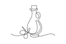 Olive Oil In Continuous Line Art Drawing Style. Glass Bottle Jug And Olive Tree Branch With Fruits And Leaves Minimalist Black Linear Sketch Isolated On White Background. Vector Illustration