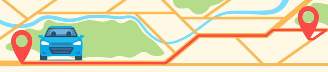 Poster - Car on city map with red pins and route between them. Horizontal banner template. GPS navigator or car sharing concept illustration, vector.