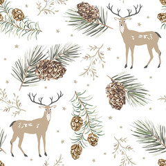 Wall Mural - christmas seamless pattern. deer animals, cones, green pine twigs, white background with stars. vect