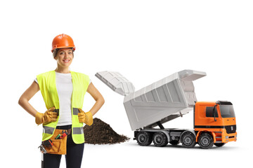 Wall Mural - Female construction worker and a truck unloading debris