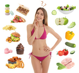 Canvas Print - Young slim woman choosing between healthy and unhealthy food on white background