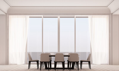 Poster - Modern classic White living and dining space with wall panels decoratel and wooden floor and big window with sheer curtain 3d rendering