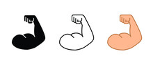 Train Your Biceps Muscle To Get Best Arm. Perfect Biceps Muscle. Muscular Man Flexing His Biceps. Fitness Concept. Flexed Bicep Strong Icon. Vector Illustration. Design On White Background. EPS 10.