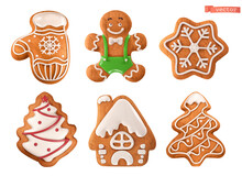 Christmas Gingerbread Cookies. Mitten, Man, Snowflake, Tree, House. 3d Realistic Vector Icon Set