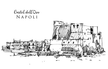 Drawing sketch illustration of Castel dell'Ovo in Naples, Italy