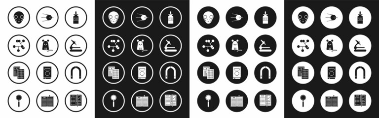 Sticker - Set Glass bottle with a pipette, Rat, Molecule, Extraterrestrial alien face, Microscope, Satellite, Magnet and Pills in blister pack icon. Vector