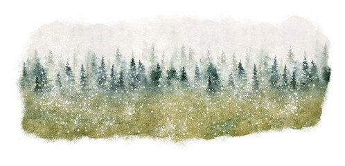 Wall Mural - watercolor painting of winter forest in the snow. magical christmas landscape