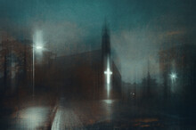 An Atmospheric Church With A Glowing Neon Cross. On A Moody Winters Night. With A Grunge, Textured Edit.