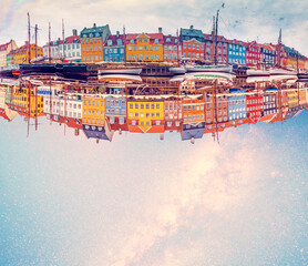 Wall Mural - copenhagen, denmark – august, 15 magical fascinating landscape with boats in a famous nyhavn on the 