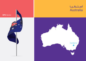 Flag of Australia on white
background. Map of Australia with
Capital position - Canberra. The script
in Arabic means Australia