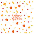 Welcome autumn. Autumn postcard with leaves. Vector graphics