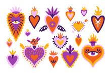 Cute Set Of Mexican Sacred Hearts For Day Of The Dead Dia De Los Muertos Holiday. Childish Print For Cards, Stickers, Patches And Apparel