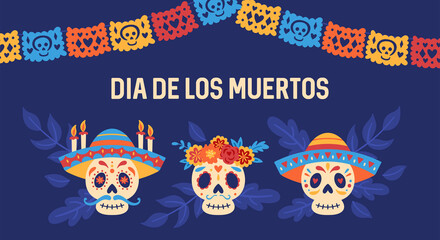 Wall Mural - Day of the dead Dia de los Muertos holiday banner design with cute skull set. Childish print for greeting card, poster and party invitations