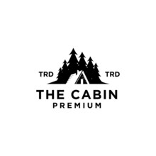 Premium Wooden Cabin And Pine Forest Mountain Retro Vector Black Logo Design Isolated White Background