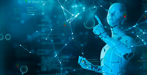 Poster - Digital marketing concept, future smart world technology metaverse futuristic 3D robot abstract cyber background. Modern big data business digital marketing strategy internet technology