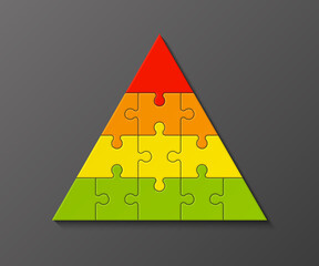 Fototapete - Four levels color pyramid. Puzzle presentation infographic template with explanatory text field for business statistics illustration. Four stages triangle puzzle piece shape. puzzle infographic