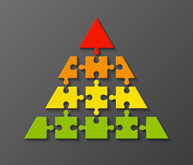 Fototapete - Four levels color pyramid. Puzzle presentation infographic template with explanatory text field for business statistics illustration. Four stages triangle puzzle piece shape. puzzle infographic