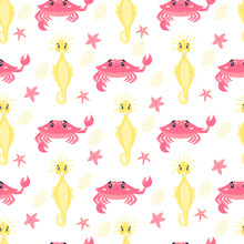 Seamless Pattern Cartoon Cute Crab Waving Hello, Yellow Seahorse, Pink Starfish, Waves, Lines. Underwater World.