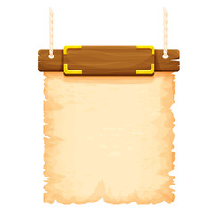 Wall Mural - Wood frame, banner with gold details, old parchment and rope in cartoon style isolated on white background. Ancient signboard. Ui game asset