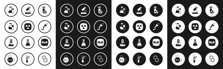 Set Test tube with toxic liquid, Radioactive, Pipette, Microscope, Chemical formula H2O and Alcohol spirit burner icon. Vector