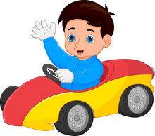 Funny Little Boy Driving Toy Car And Waving
