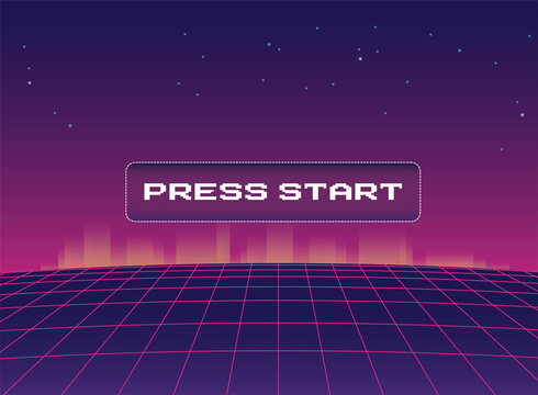Purple 1980's vintage cyberpunk neon perspective grid, initial retro video game screen with the written text 