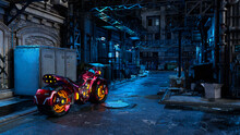 Cyberpunk Concept 3D Rendering Of A Futuristic Motorcycle In A Dark Seedy Urban Street Scene.