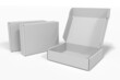 White boxes for mockups, empty open and closed. Isolated white background. 3d rendering
