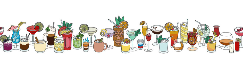 Multicolor horizontal cocktail ornament or banner, leaderboard. Hand-drawn cartoon doodle style vector seamless pattern with variety of drinks like martini, margarita, tiki or old fashioned