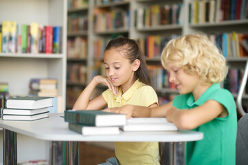 Two classmates studying at a public library