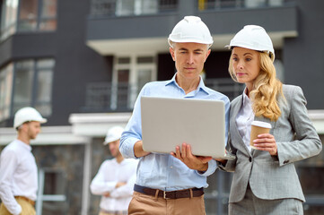 Wall Mural - Focused inspector and her colleague with a laptop standing outdoors