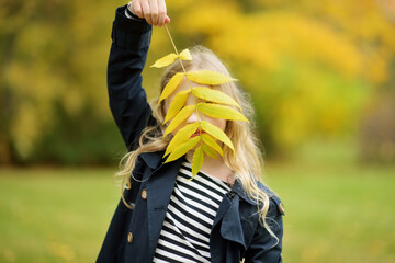 Wall Mural - Adorable young girl having fun on beautiful autumn day. Happy child playing in autumn park. Kid gathering yellow fall foliage.