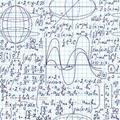 Math vector seamless pattern with handwritten algebra and geometry formulas on a grid copybook paper