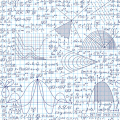 Math vector seamless pattern with handwritten mathematical and physical formulas on the copybook grid paper