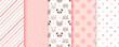 Baby girl pattern. Seamless backgrounds. Pink kids textures with animals, polka dot, zig zag and candy cane stripe. Set of cute textile prints. Pastel childish scrapbook backdrops. Vector illustration