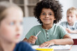 © LIGHTFIELD STUDIOS - african american kid smiling at camera near blurred classmates