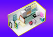 Storage Units 10 by 20 feet. Self storage unit cutaway. Self storage unit on purple background. Visualization of furniture in containers. Demonstration of capacity for warehouse company. 3d rendering